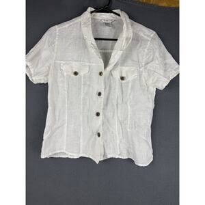 Talbots Vintage White 100% Linen Short Sleeve Button Down Shirt Wooden Buttons